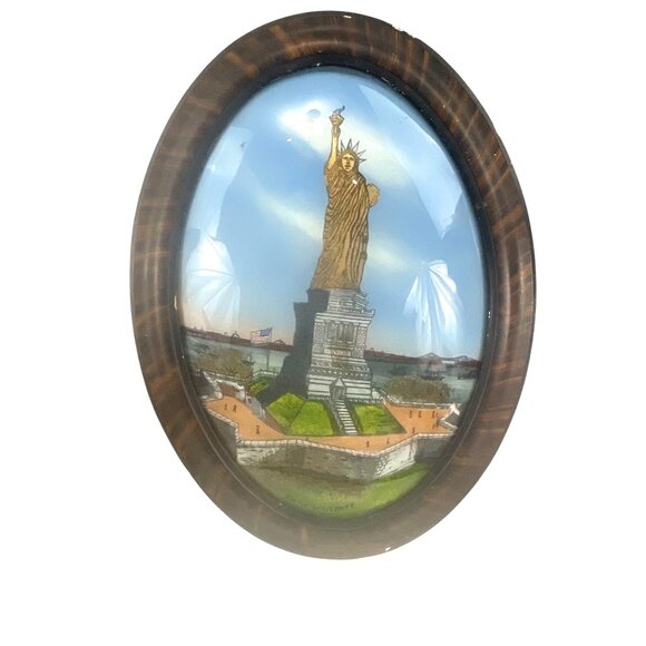 Vintage 1920sOval Statue Of Liberty Reverse Painted Glass Wall Hanging